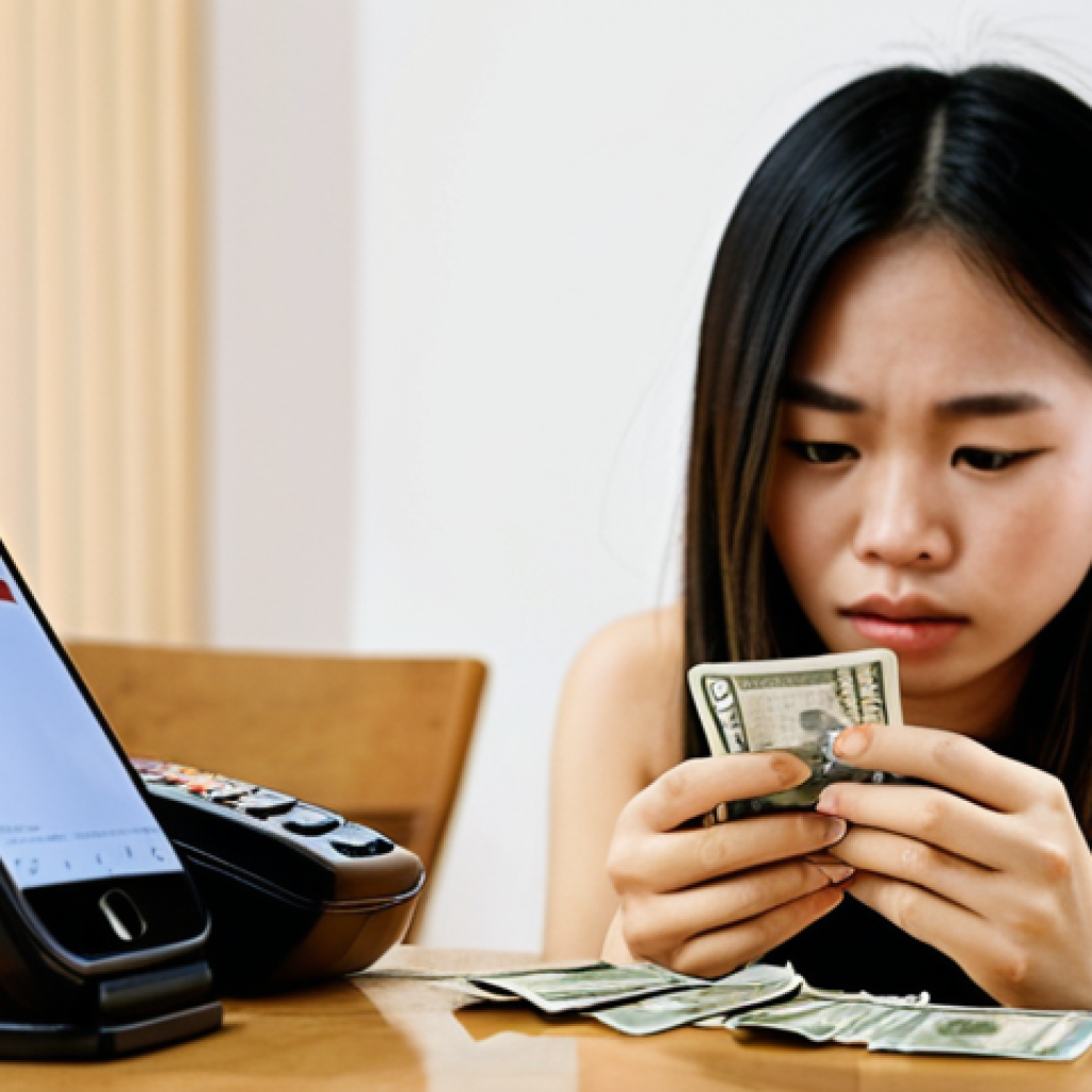 **Psychology of Money:** A young Vietnamese woman sits contemplating, a smartphone in her hand displaying a 'flash sale' e-commerce site. Next to her, a small pile of Vietnamese Dong banknotes appears to subtly diminish or be held back, while a credit card is prominently displayed, symbolizing easy spending. The background is a soft blur of a modern Vietnamese living room, suggesting daily financial decisions. The overall mood is reflective and slightly conflicted, highlighting the psychological impact on money choices. Conceptual art style, clear focus on the interaction between the person and the money/devices.