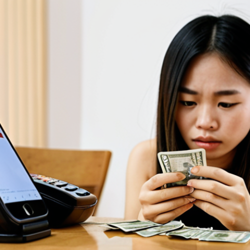 Home 7 **Psychology of Money:** A young Vietnamese woman sits contemplating, a smartphone in her hand displaying a 'flash sale' e-commerce site. Next to her, a small pile of Vietnamese Dong banknotes appears to subtly diminish or be held back, while a credit card is prominently displayed, symbolizing easy spending. The background is a soft blur of a modern Vietnamese living room, suggesting daily financial decisions. The overall mood is reflective and slightly conflicted, highlighting the psychological impact on money choices. Conceptual art style, clear focus on the interaction between the person and the money/devices.