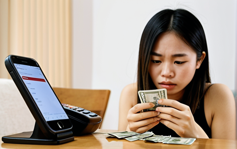 **Psychology of Money:** A young Vietnamese woman sits contemplating, a smartphone in her hand displaying a 'flash sale' e-commerce site. Next to her, a small pile of Vietnamese Dong banknotes appears to subtly diminish or be held back, while a credit card is prominently displayed, symbolizing easy spending. The background is a soft blur of a modern Vietnamese living room, suggesting daily financial decisions. The overall mood is reflective and slightly conflicted, highlighting the psychological impact on money choices. Conceptual art style, clear focus on the interaction between the person and the money/devices.