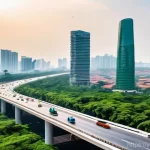 공공경제학과 정부 개입 - **A Vibrant Vietnamese City Embracing Modern Infrastructure:** A panoramic, high-angle shot capturin...