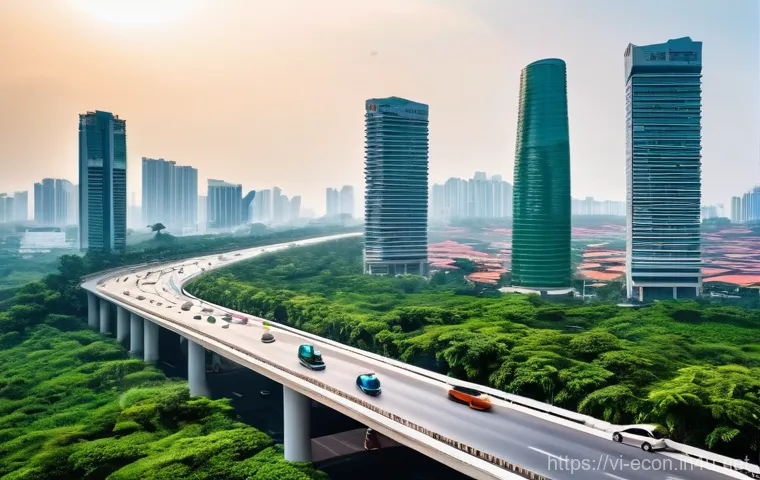 공공경제학과 정부 개입 - **A Vibrant Vietnamese City Embracing Modern Infrastructure:** A panoramic, high-angle shot capturin...