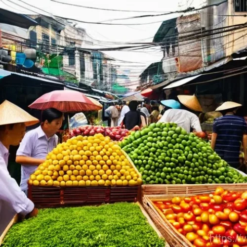 애덤 스미스 국부론 - **A Vibrant Vietnamese Market Scene Illustrating the Invisible Hand**
    A wide-angle, highly detai...