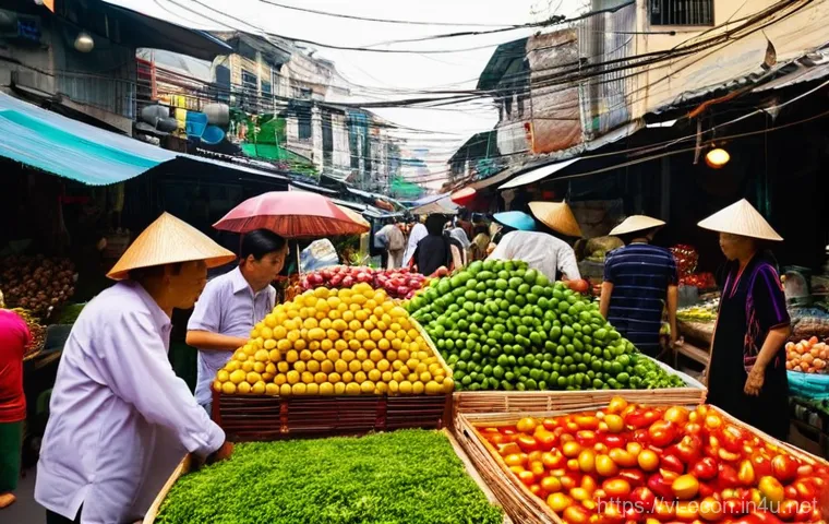 애덤 스미스 국부론 - **A Vibrant Vietnamese Market Scene Illustrating the Invisible Hand**
    A wide-angle, highly detai...