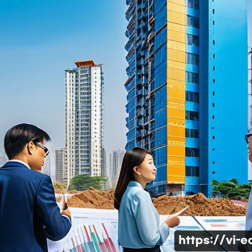 부동산 경제학과 시장 사이클 - A modern Vietnamese urban real estate market scene during a booming phase, showing bustling streets ...