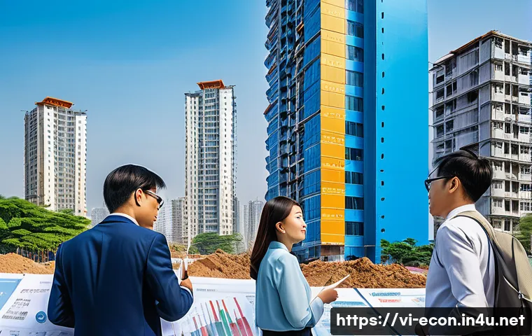 부동산 경제학과 시장 사이클 - A modern Vietnamese urban real estate market scene during a booming phase, showing bustling streets ...